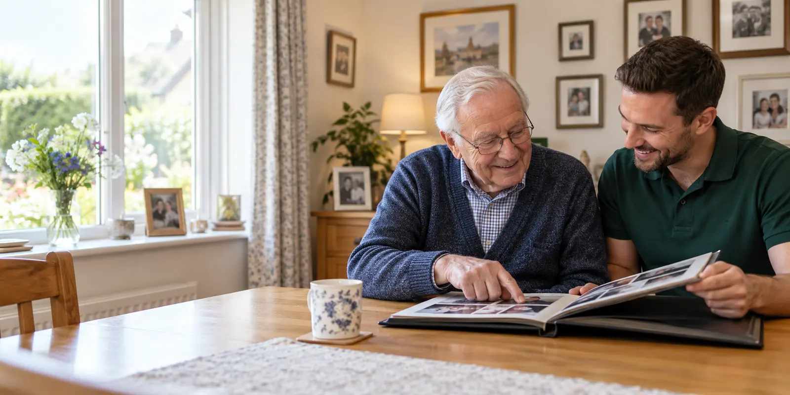 A carer and an older adult looking through a family photo album together