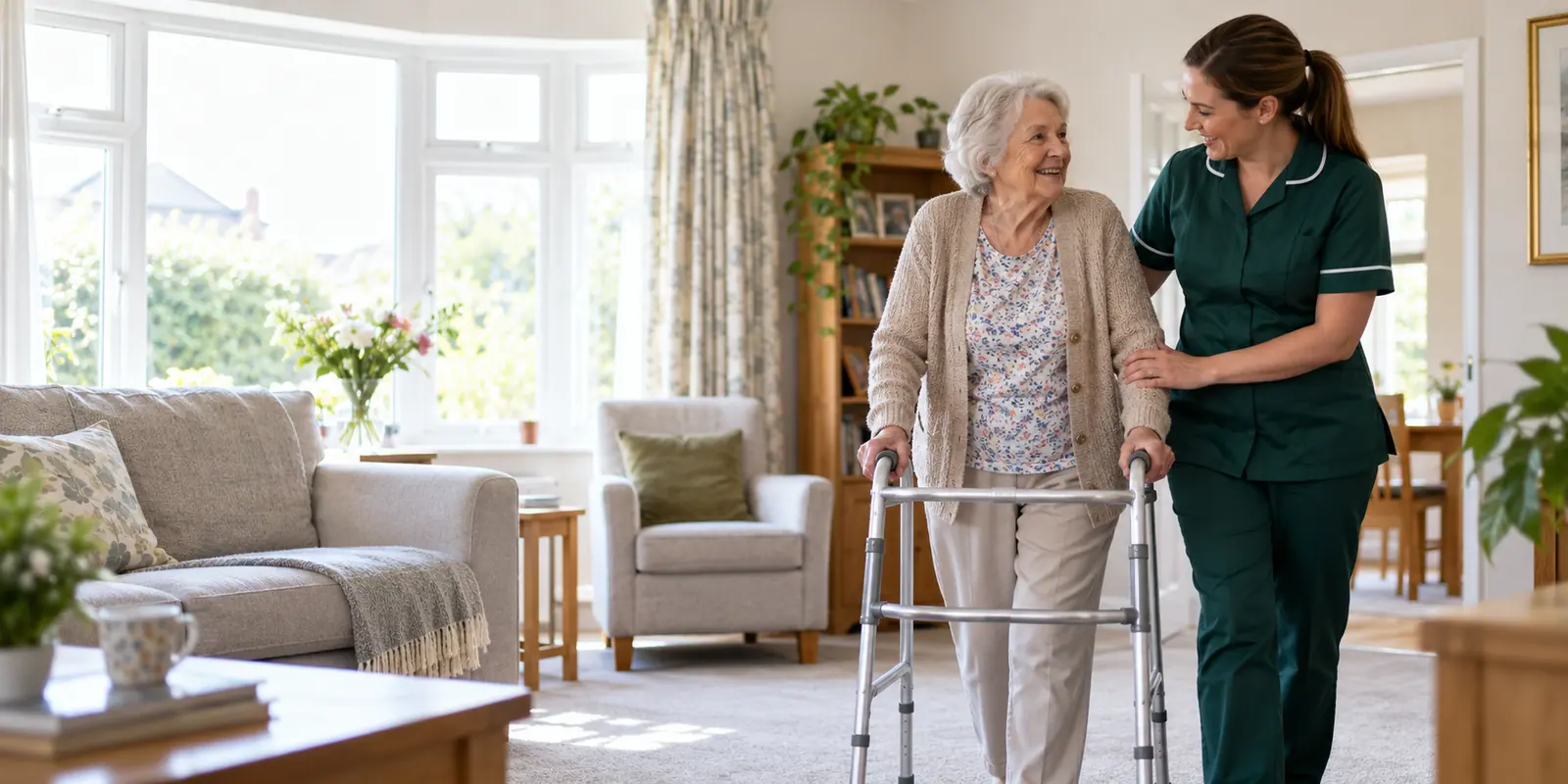 A professional carer supporting an older adult with mobility at home