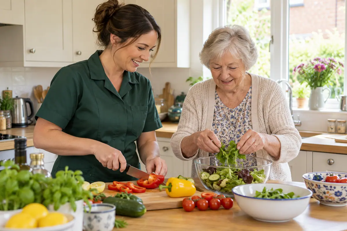 A carer and an older adult preparing a meal together at home