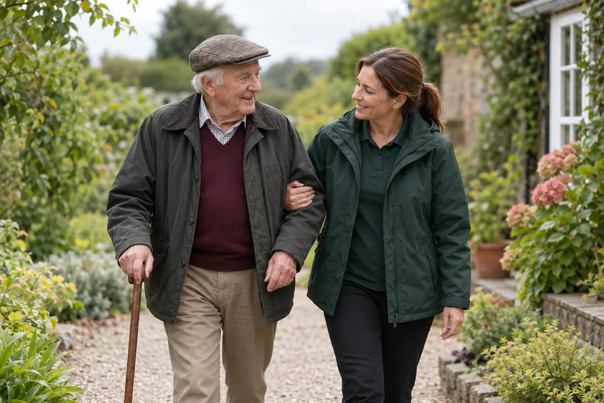 A carer walking alongside an older man in a garden
